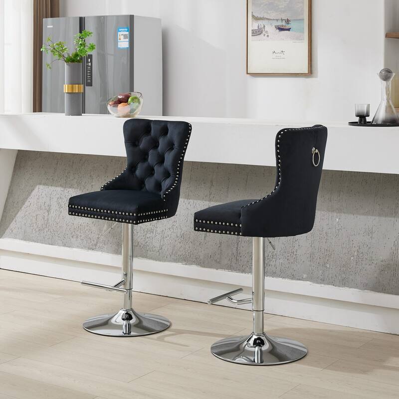 Thick Chrome Swivel Velvet Barstools,Adjustable Height,Modern Upholstered,Sponge&Spring（Set of 2)