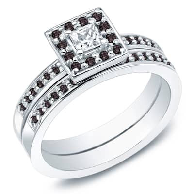 Auriya 14k Gold 1/2ctw Princess Cut Halo Black Diamond Engagement Ring Set
