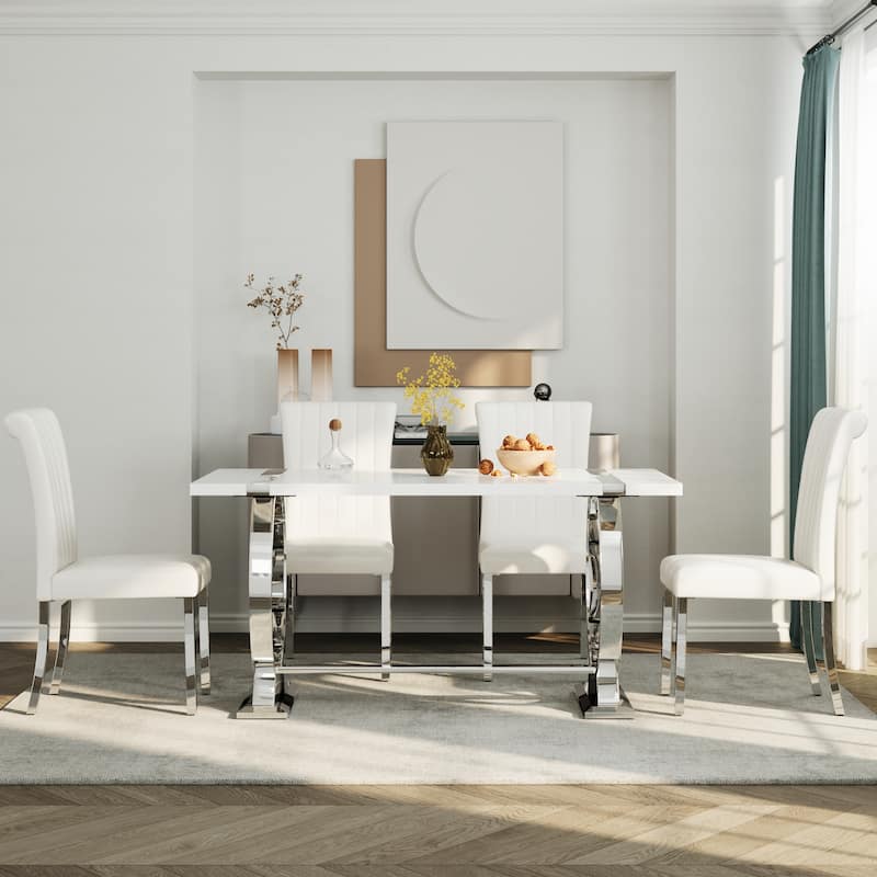 Luxury Dining Table Set with PU Leather Dining Chairs - White Table Silver Chairs - Table with 4 Chairs