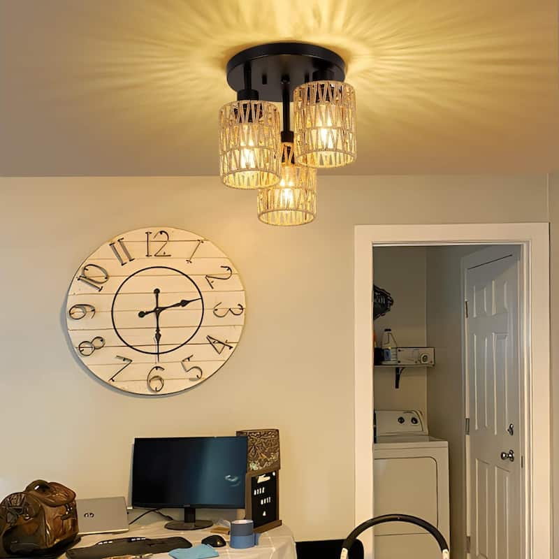 Farmhouse LED Rattan Pendant Lights,Boho Chandelier Light Fixture,Rustic Wicker Hand Woven Rope Cage Basket Pendant Hanging