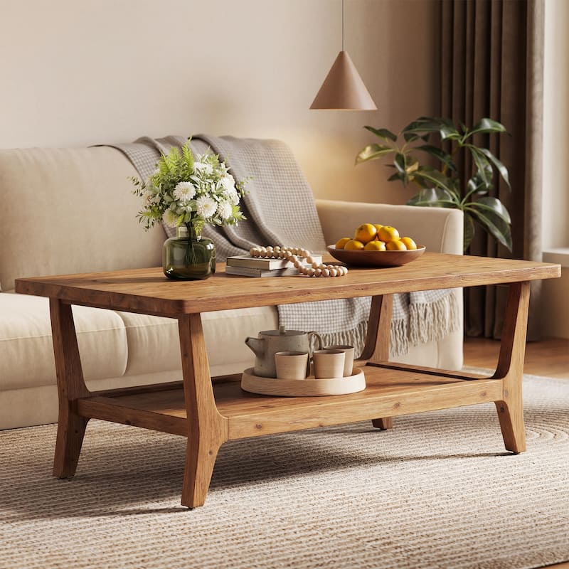 47'' Solid Wood Coffee Table with Open Storage Shelf, Mid-Century Rectangle Center Table - Brown