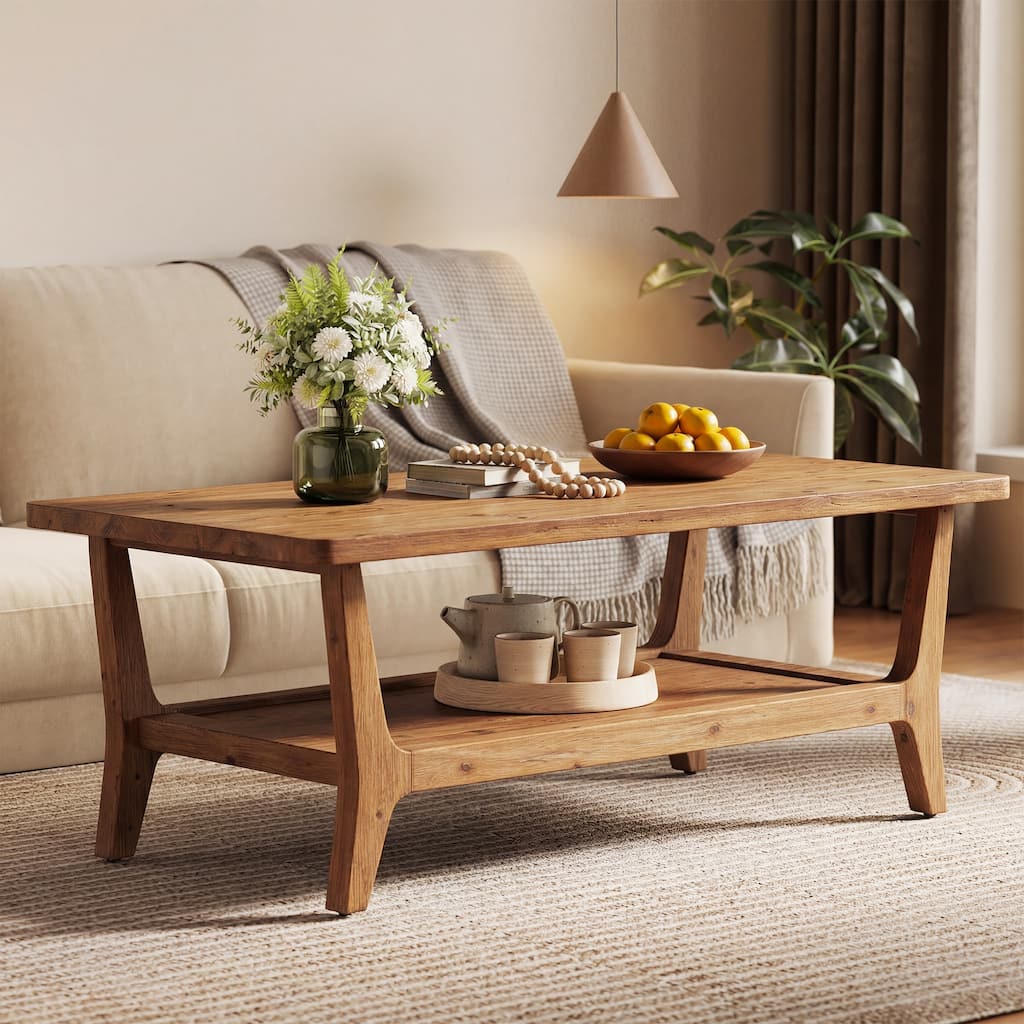 47'' Solid Wood Coffee Table with Open Storage Shelf, Mid-Century Rectangle Center Table