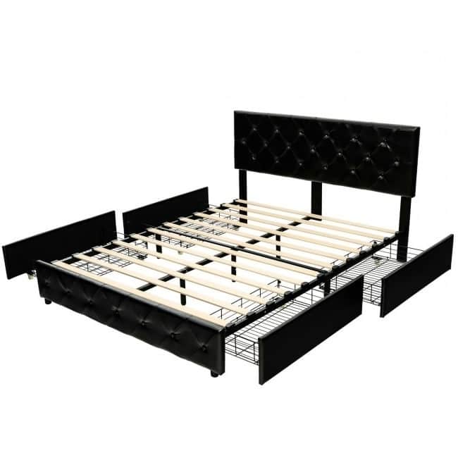 Black PU Leather Button Tufted Platform Bed with 4 Storage Drawers