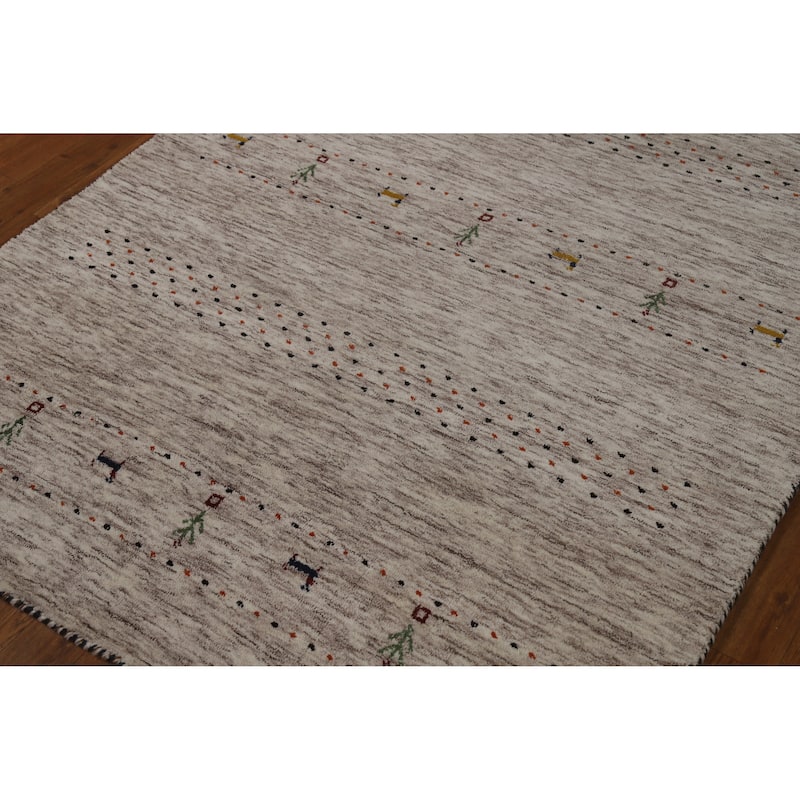 Gabbeh Oriental Rug Hand-Knotted Bedroom Beige Wool Carpet - 4'1" x 5'9"