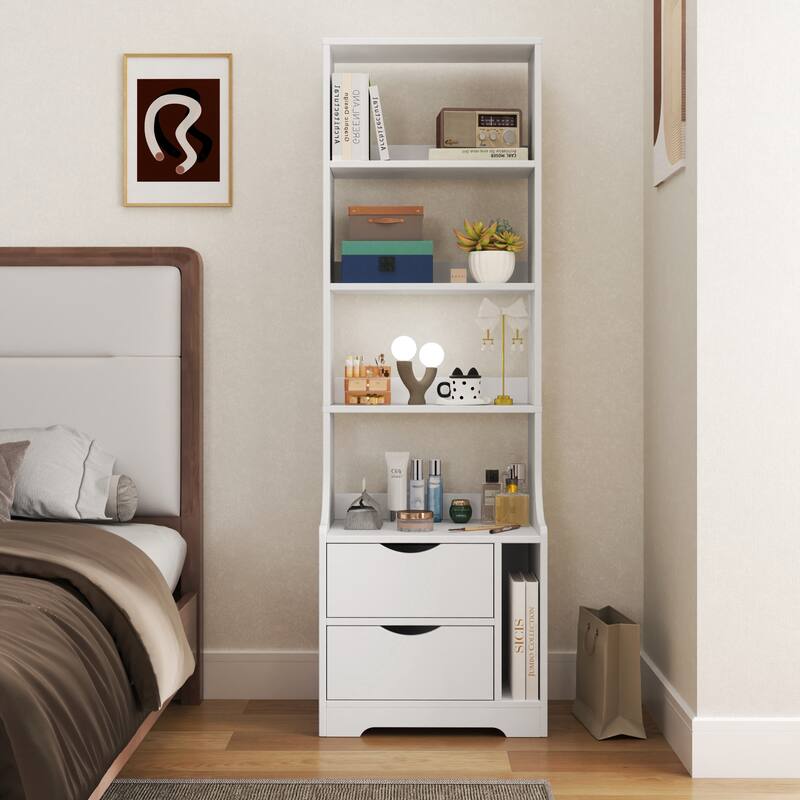Compact Night Stand with Bookshelf and Storage Drawers for Bedroom - White