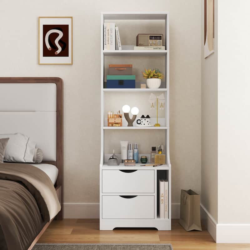 Tall Nightstand with Bookshelf, Bedside Table with 4-Shelf Storage Rack, Couch Side Table with 2 Storage Drawers - White