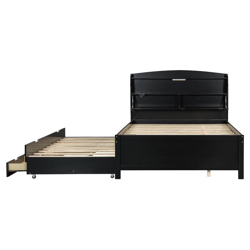 Wooden LED Platform Bed Frame with Pull Out Trundle, Drawers and Storage Headboard