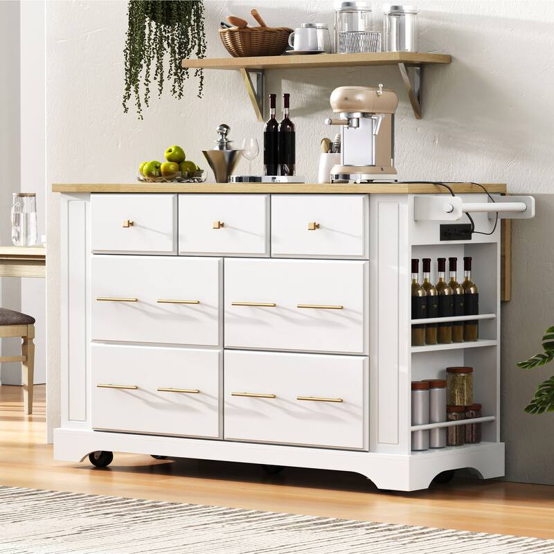 Kitchen Island with 6 Drawers, Pull Out Trash Can Storage, with Drop Leaf, Power Outlet, 5 Open Side Racks
