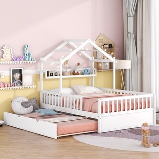 White Wooden Full House Bed with Trundle and Shelf - Kids Bed - Bed ...