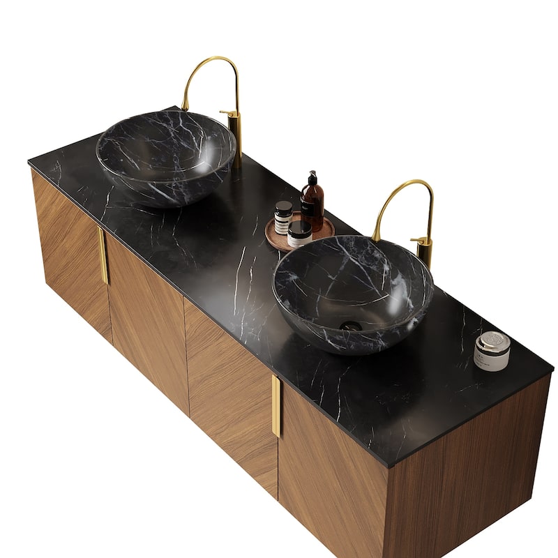 Wall-mounted Bathroom Vanity with Sink, Floating Storage Cabinet with Black Bowl Ceramic Basin and Sintered Stone Countertop