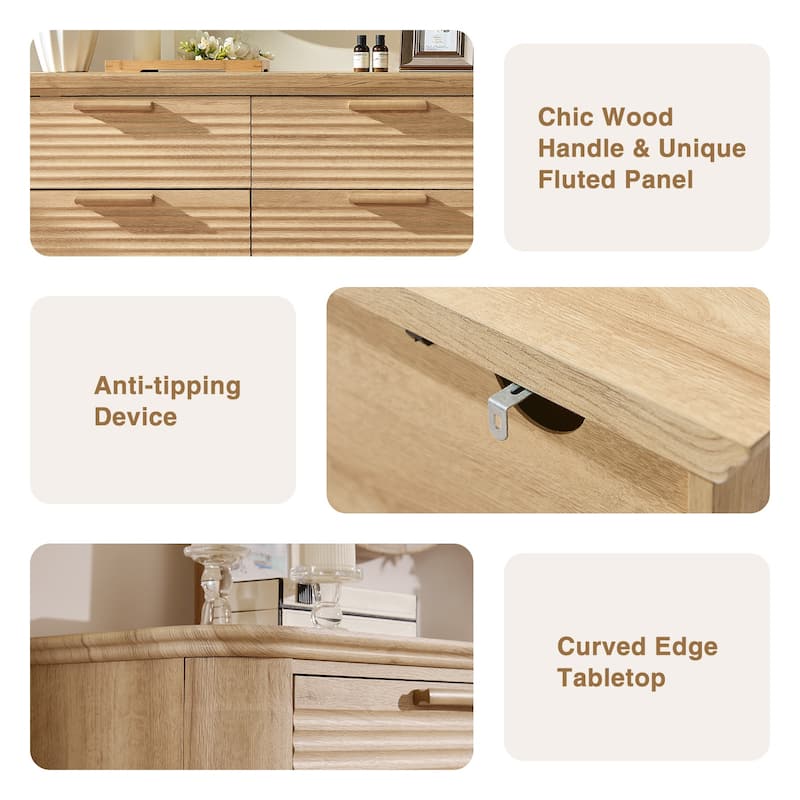 Fluted 8 Drawer Dresser, 52" Wide Modern Wood Dresser for Bedroom, Chest of Drawers with Curved Profile Design