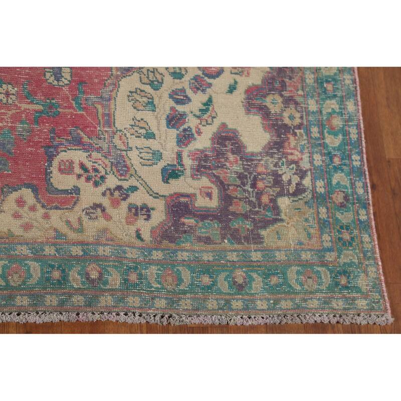 Pink Tabriz Persian Antique Area Rug Handmade Wool Carpet - 7'5"x 10'1"