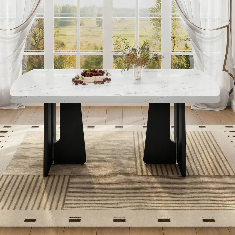 63" Modern Faux Marble Dining Table - Black/White Marble Top with Sturdy Geometric Legs, Stylish Kitchen & Dining Room Table