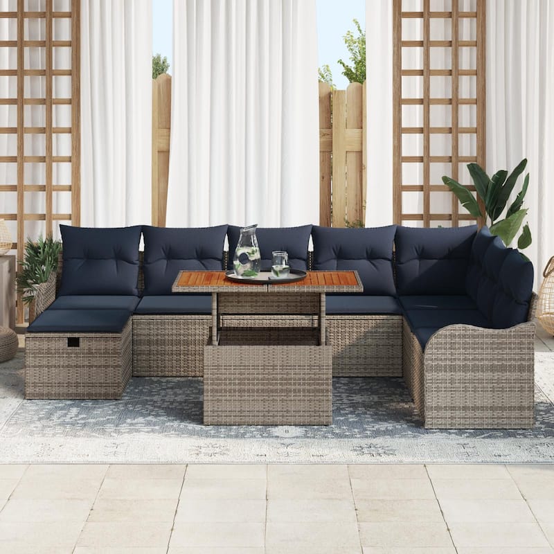 vidaXL 9 Garden Sofa Set with Cushions Black/Grey Poly Rattan - 113.2 x 73 x 27.2