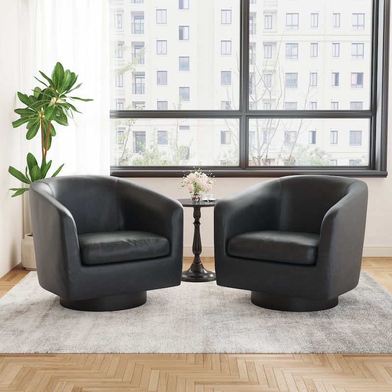 Faux Leather Wide Seat Swivel Barrel Chair - 2 Set - Black/2Set