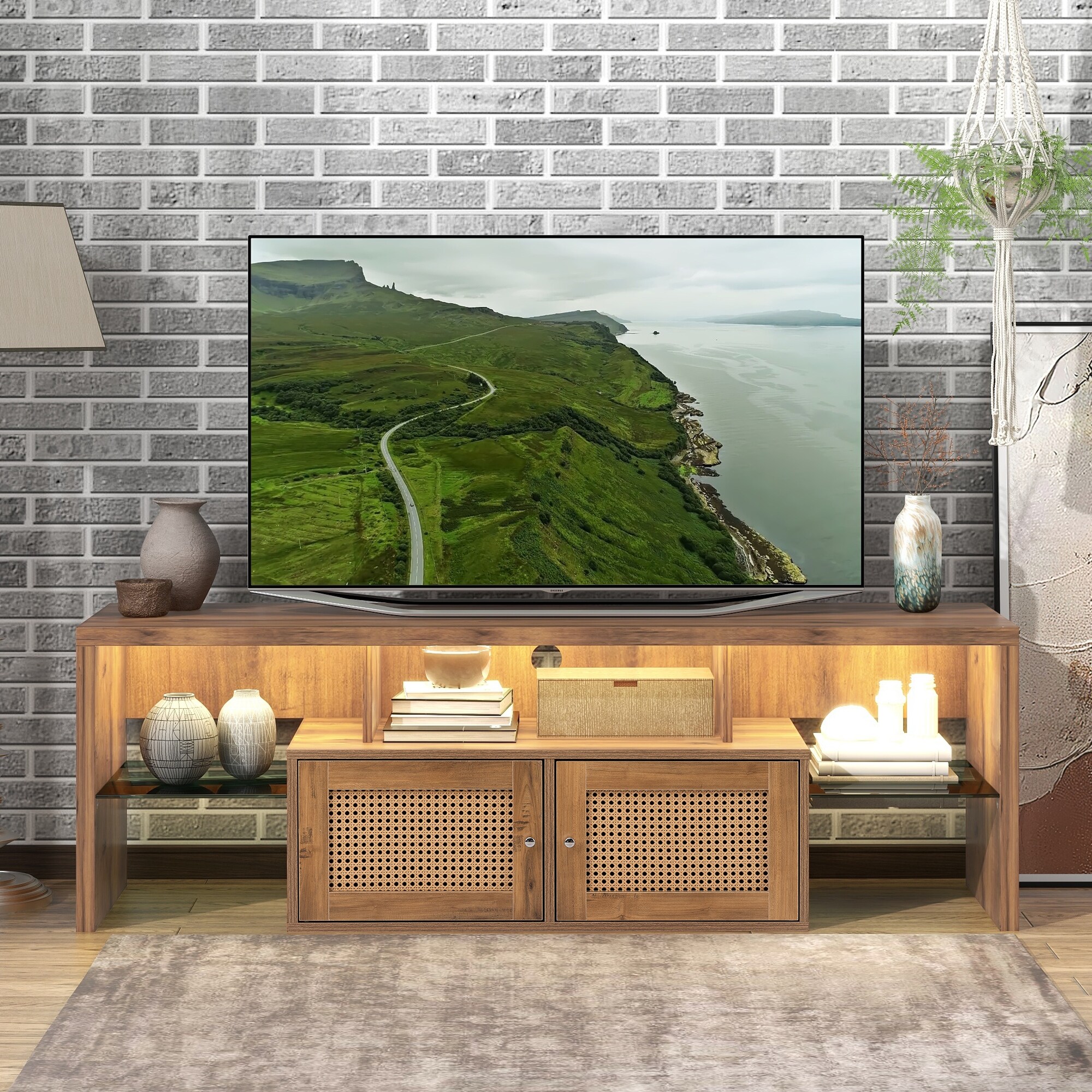 59 W LED Lights Wood TV Stand Living Room Bedroom Console with 2