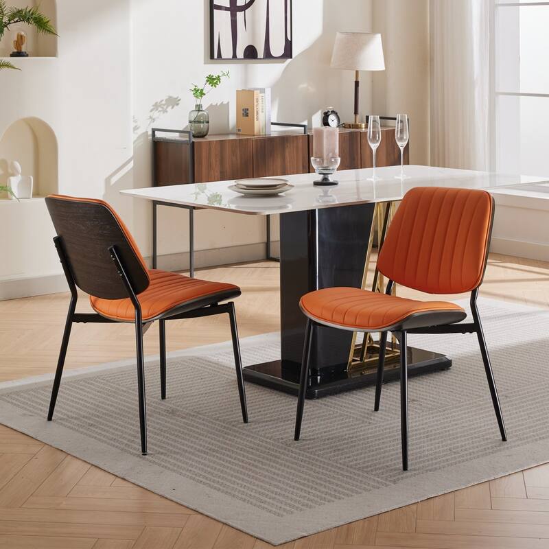 Dining Chairs Set of 2, PU Leather Upholstered Chairs, Kitchen Chairs with Bentwood Back, Metal Legs & Adjustable Foot - Orange