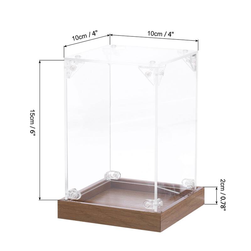 Acrylic Display Case, Display Box Assemble Dustproof Storage Organizer - Clear, Walnut color - 4"x4"x6"