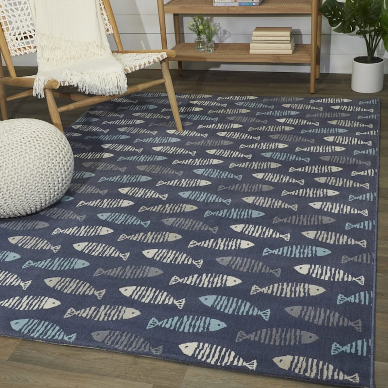 Friendly Fish Geometric Coastal Area Rug - 7'10" x 10' - Blue