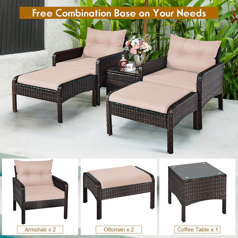 Costway 5 PCS Rattan Wicker Furniture Set Sofa Ottoman W/Brown Cushion