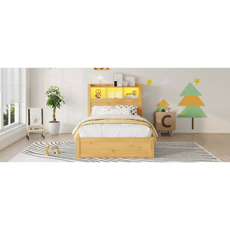 Roomfitters Twin/Full Platform Bed, LED Bookcase Headboard and Pull Out Storage Drawers with Wooden Frame for Bedrooms