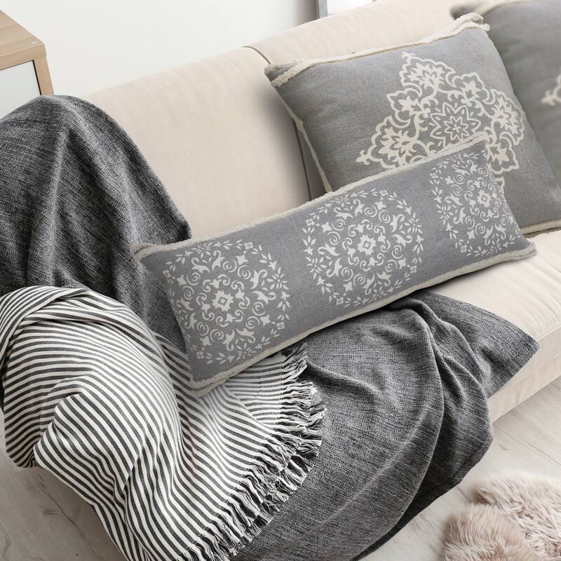 HomeRoots 14" X 36" Gray And White 100% Cotton Geometric Zippered Pillow