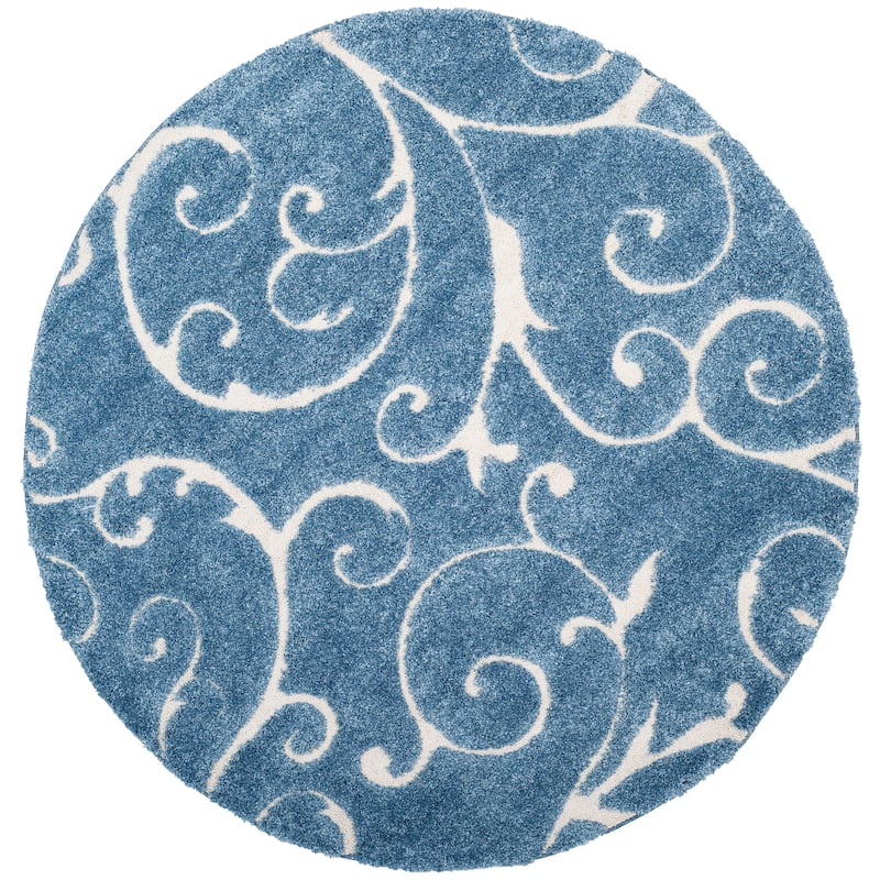SAFAVIEH Florida Shag Shahin Scroll 1.2-inch Thick Textured Rug - 4' Round - Light Blue/Cream