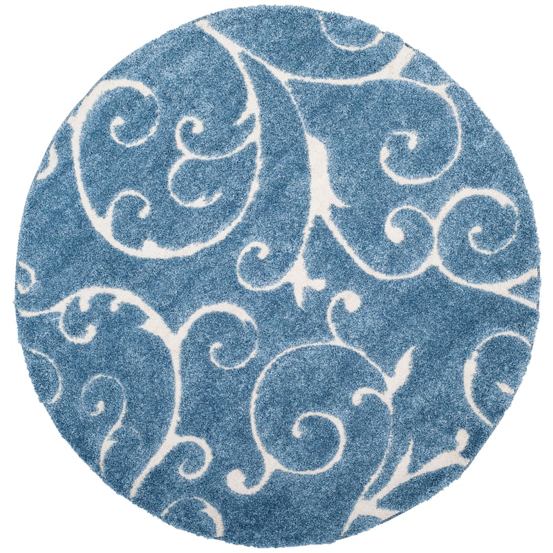 SAFAVIEH Florida Shag Shahin Scroll 1.2-inch Thick Textured Rug - 9' x 9' Round - Light Blue/Cream