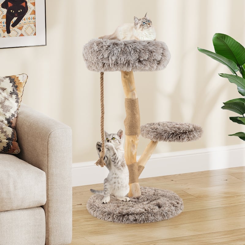 Natural Pear Wood Cat Tree with Plush Tower and Multi-Level Platform Jute Scratching Posts