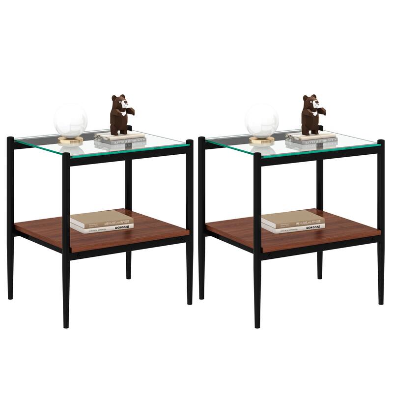 Set of 2 Rectangle End Table, Tempered Glass Tabletop with MDF layer, Modern Table for Living Room, Transparent Glass
