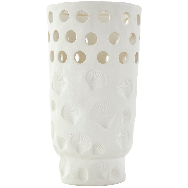 White Ceramic Shell Vase with Circular Cutouts
