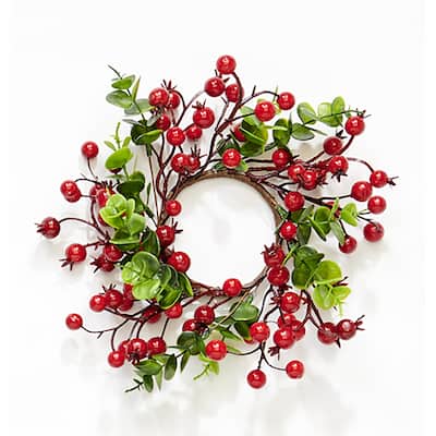 3.25" Inner Diameter Artificial Christmas Red Berries & Eucalyptus Leaves Pillar Candle Ring, Centerpiece Set of 3 - 3.25