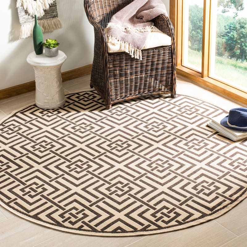 SAFAVIEH Linden Darla Indoor/ Outdoor Waterproof Patio Backyard Rug - 6'7" Round - Creme/Brown