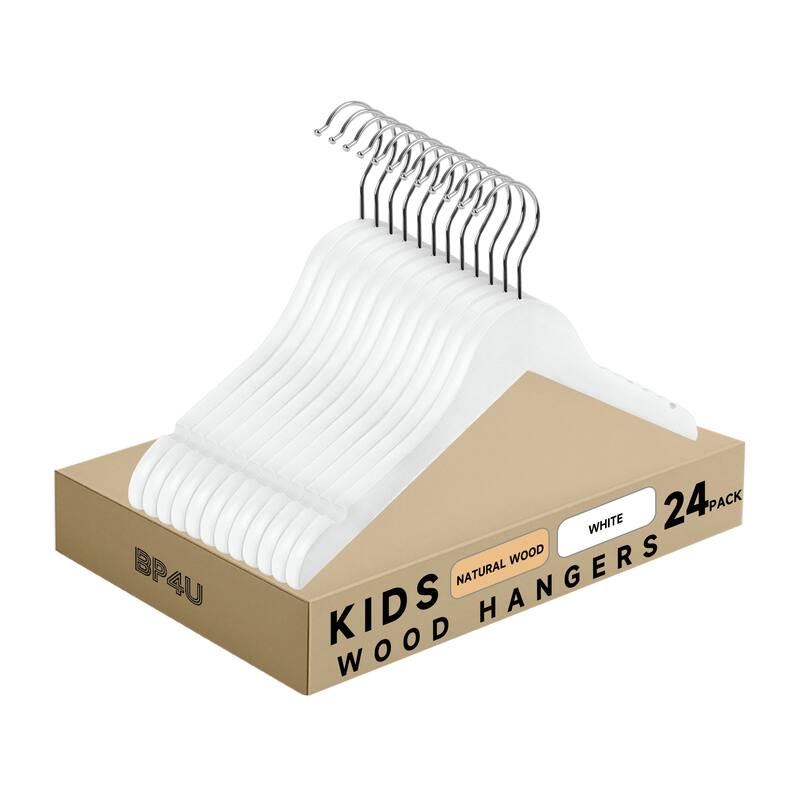 BP4U Kids Wooden Hangers, Wood Top Clothes Hangers for Baby, Newborns, Toddlers & Children's Shirts, Coats, Dresses - White - 24-Pack