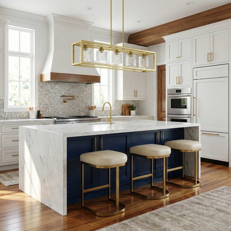 Mid-century Modern 5-light Gold Rectangle Dining Room Chandelier with Crystal Glass - UL - 37 inches