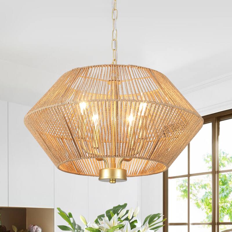 4-Light Dimmable Pendant Light, Paper Rattan Lampshade Candle Chandelier for Living Room with no bulbs included