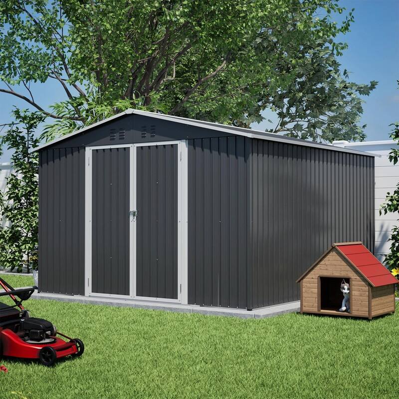 10' x 10' Outdoor Metal Storage Shed, Heavy-Duty Frame with Lockable Double Doors, All-Weather Garden Tool Shed