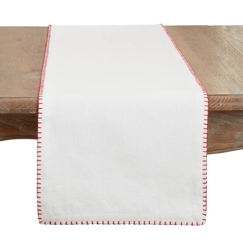 Celena Collection Whip Stitched Design Cotton Table Runner - White/Red - 13"x72"