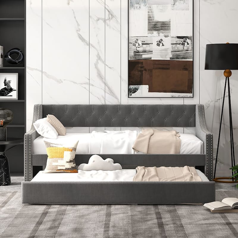 Gymax Twin Size Daybed w/ Trundle wingback Armrests & Button Tufted