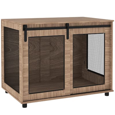 PawHut Dog Crate Furniture, 39" Dog Kennel Furniture End Table with Sliding Barn Door, Dog Cage Table for Large Dogs