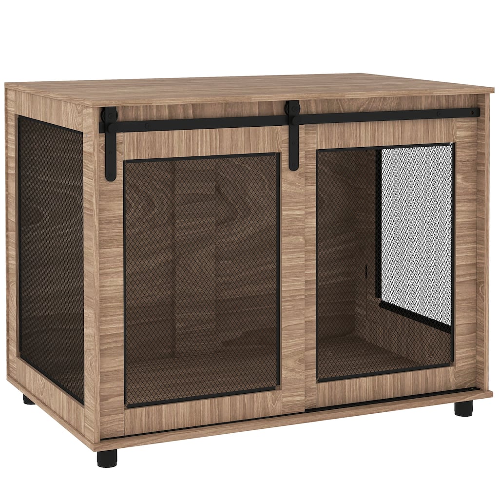 PawHut Dog Crate Furniture, 39" Dog Kennel Furniture End Table with Sliding Barn Door, Dog Cage Table for Large Dogs