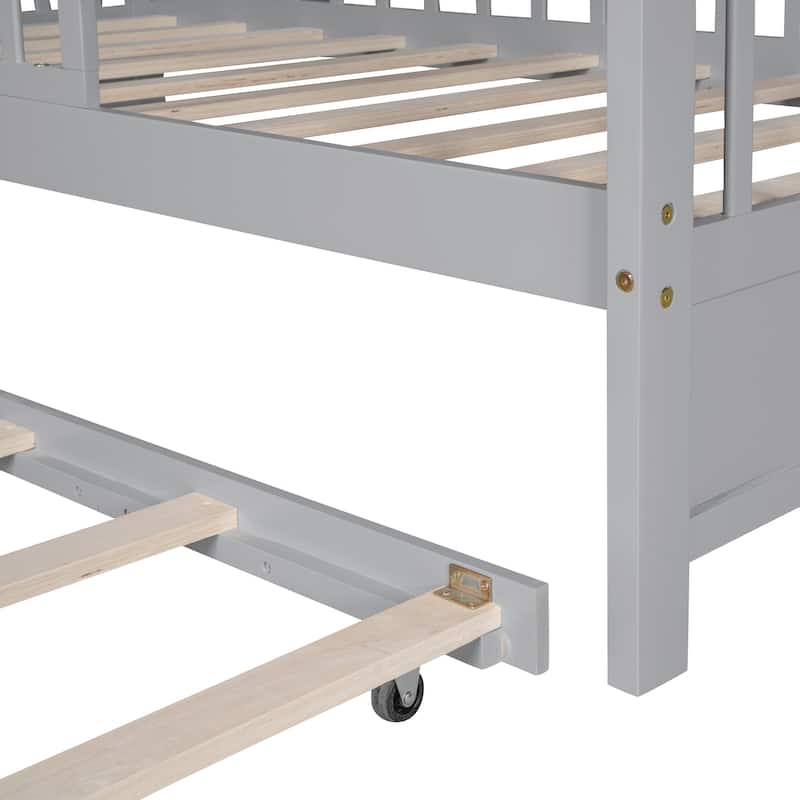 Wood Slat Support Roof House Bed Frame with Pull-out Trundle Bed, Side 2 Shelves Storage Platform Bed, Kids Panel Bed
