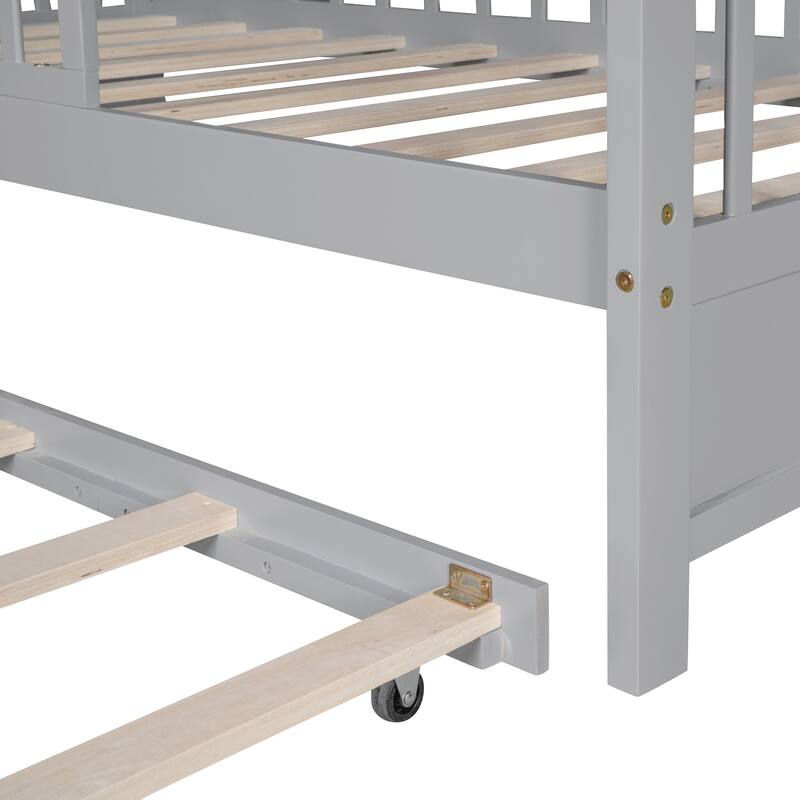 Cute Wooden Twin or Full House Bed with Trundle, Kids Bed Wood Platform Bed Frame with Safety Guardrail & Storage Shelf