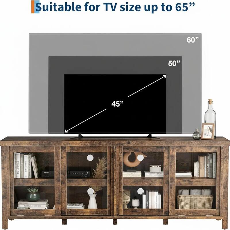 TV Stand, with 4 Sliding Glass Doors & Storage Cabinet