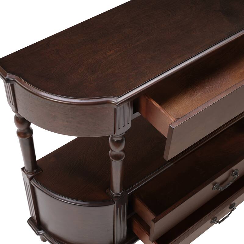 43"Retro Curved Wood Console Table with 3 Drawers and Storage Shelf