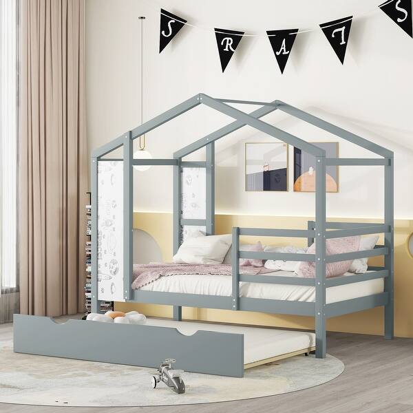slide 2 of 15, Gray Twin Size Solid Wood House Bed with Trundle & Writing Board Twin - Gray