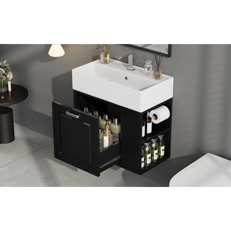 Roomfitters Bathroom Vanity with Sink, Wall Mounted Floating Cabinet with Large Drawer, Adjustable Shelf and Soft-Close System