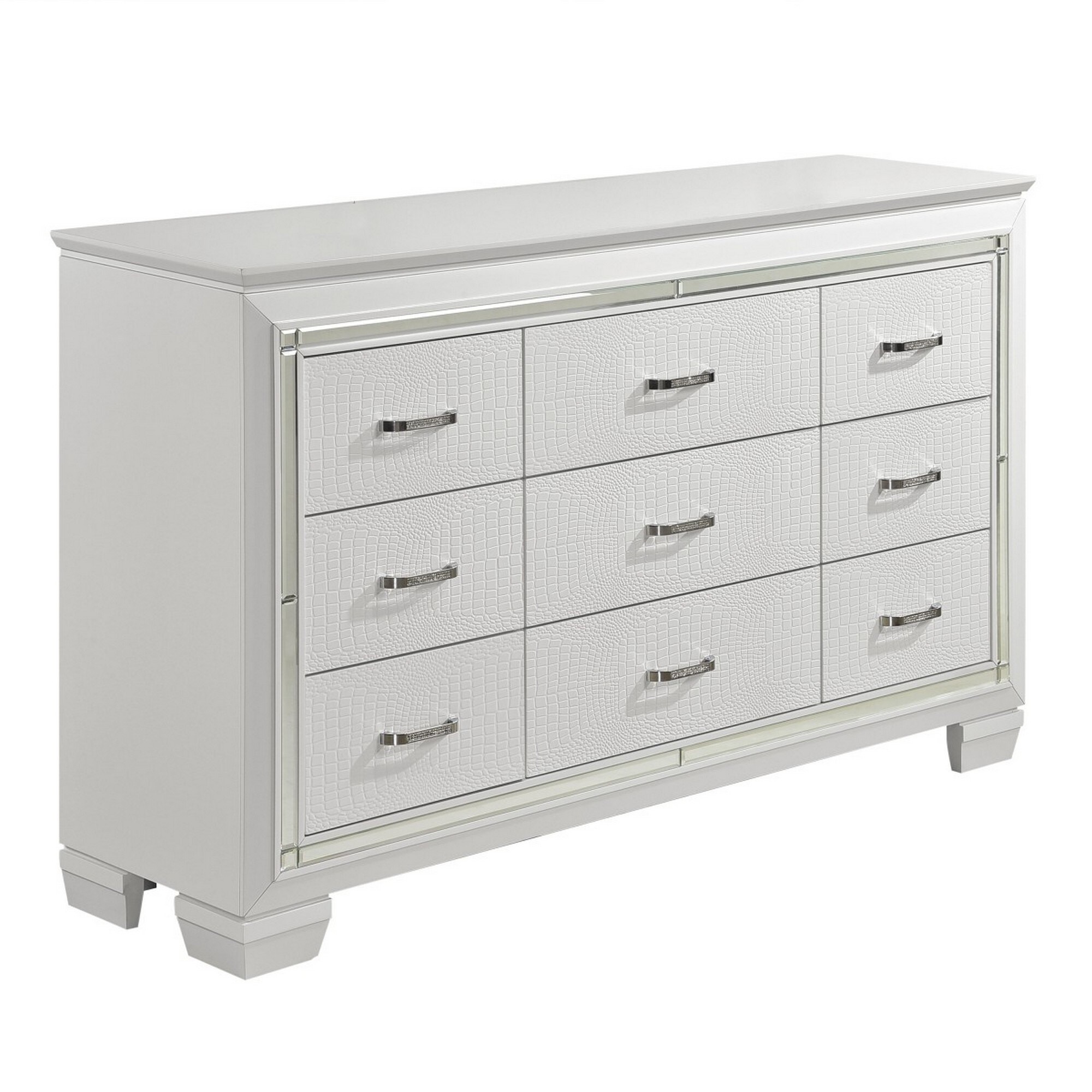 Noah 64 Inch Modern Dresser, 9 Drawers with Mirror Trim, Metallic White