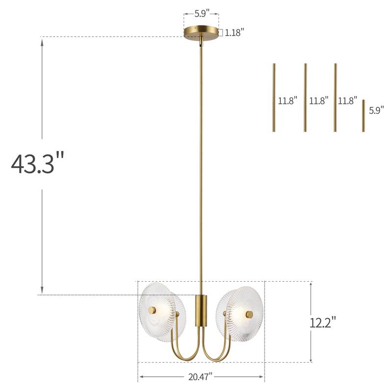 Nordic Ribbed Glass 4 Light LED Integrated Geometric Chandelier Gold or Black