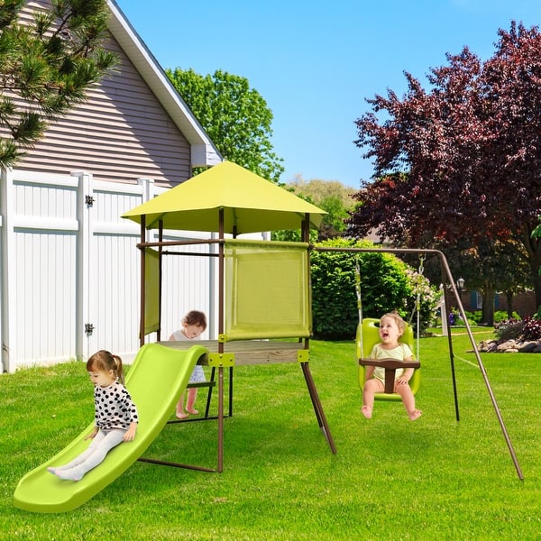 slide 2 of 9, 4-in-1 Swing Set with Covered Playhouse Fort and Height Adjustable Baby Seat-Green - Multi Multi